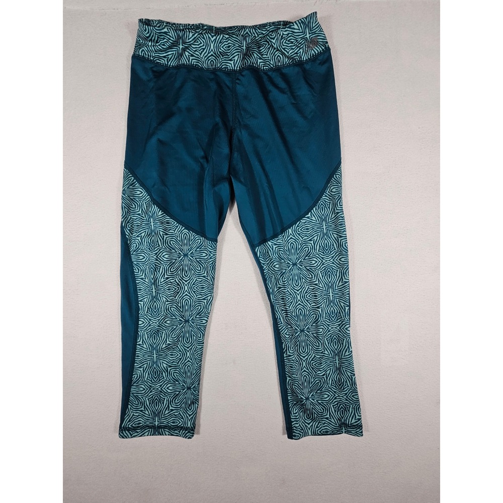 New Balance Womens Teal Blue Geometric Pattern Capri Athletic Leggings Size L 14